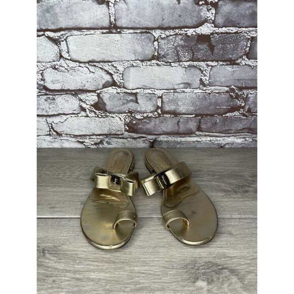 Salvatore Ferragamo Gold Leather Bow Slides Flat Sandals Women’s Sz 5.5M US/36EU - Picture 11 of 16